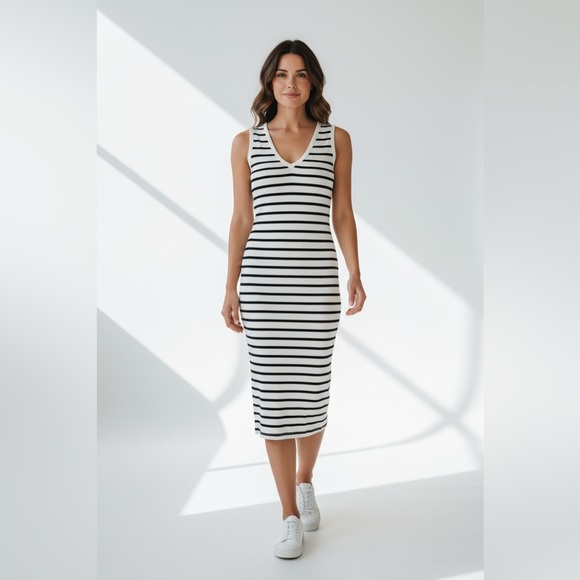 Express Ribbed Stripe V-Neck Midi Dress / Black & White / XS - Picture 3 of 7